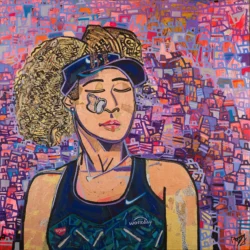 Naomi and Her Butterfly — original acrylic painting on canvas by Ben Mosley, 100x100cm, officially signed by Naomi Osaka