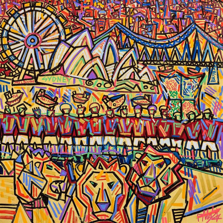The Lions Down Under, 100x100cm, Acrylic and 24k gold on Canvas