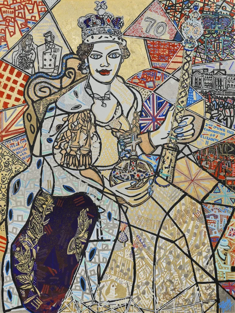 Ben Mosley, The Queen 70, Acrylic and 24k gold leaf on canvas, 2021