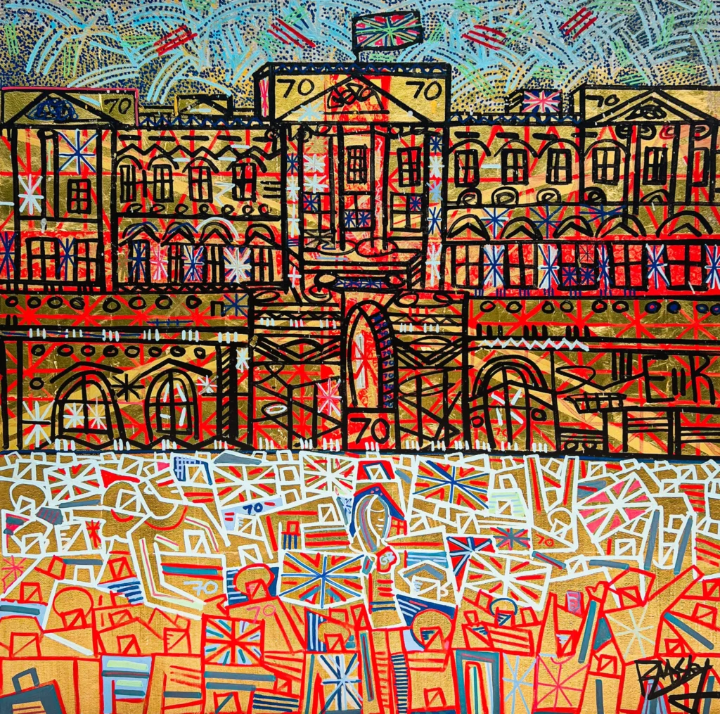 Buckingham Palace and friends, 100x100cm, 24k Gold and Acrylic paint on canvas
