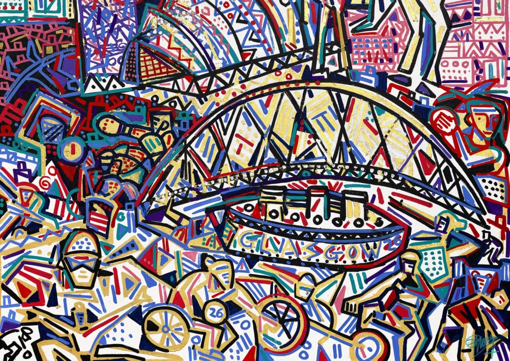 Detail of Ben Mosley's Glasgow 2026 Commonwealth Games painting showing the bridge, Clyde-side motif and Para-cycling figures